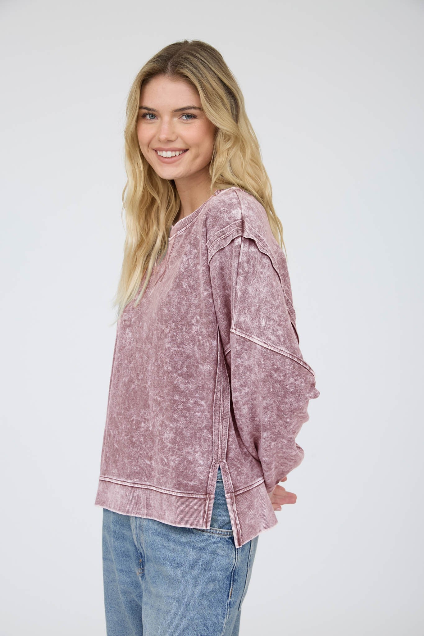 Acid Wash Long Sleeve Side Slit Knit Top - Maroon