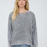 Acid Wash Long Sleeve Side Slit Knit Top - Black