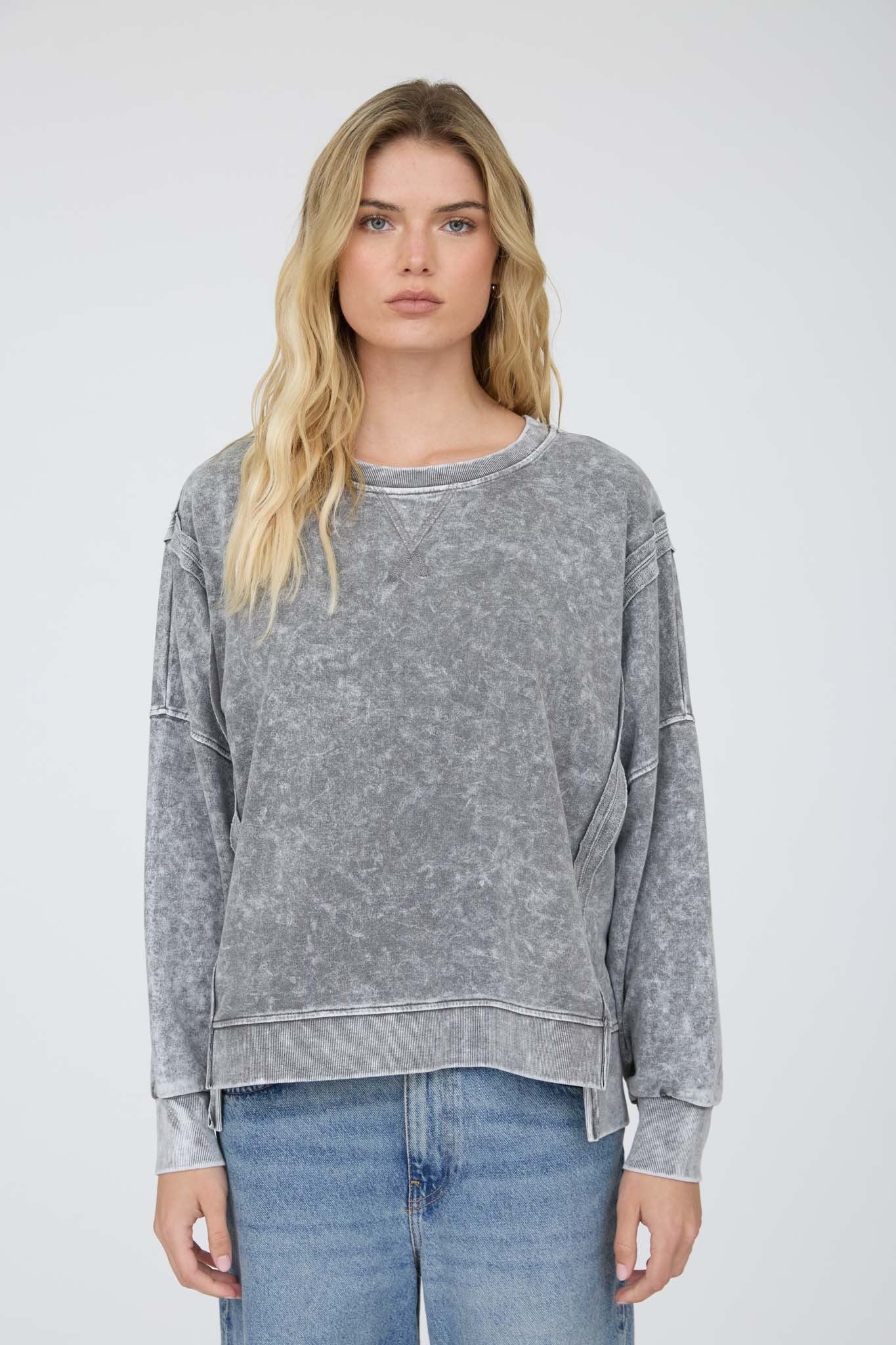 Acid Wash Long Sleeve Side Slit Knit Top - Black