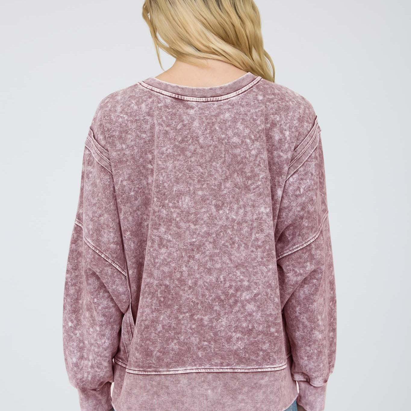 Acid Wash Long Sleeve Side Slit Knit Top - Maroon