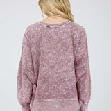 Acid Wash Long Sleeve Side Slit Knit Top - Maroon