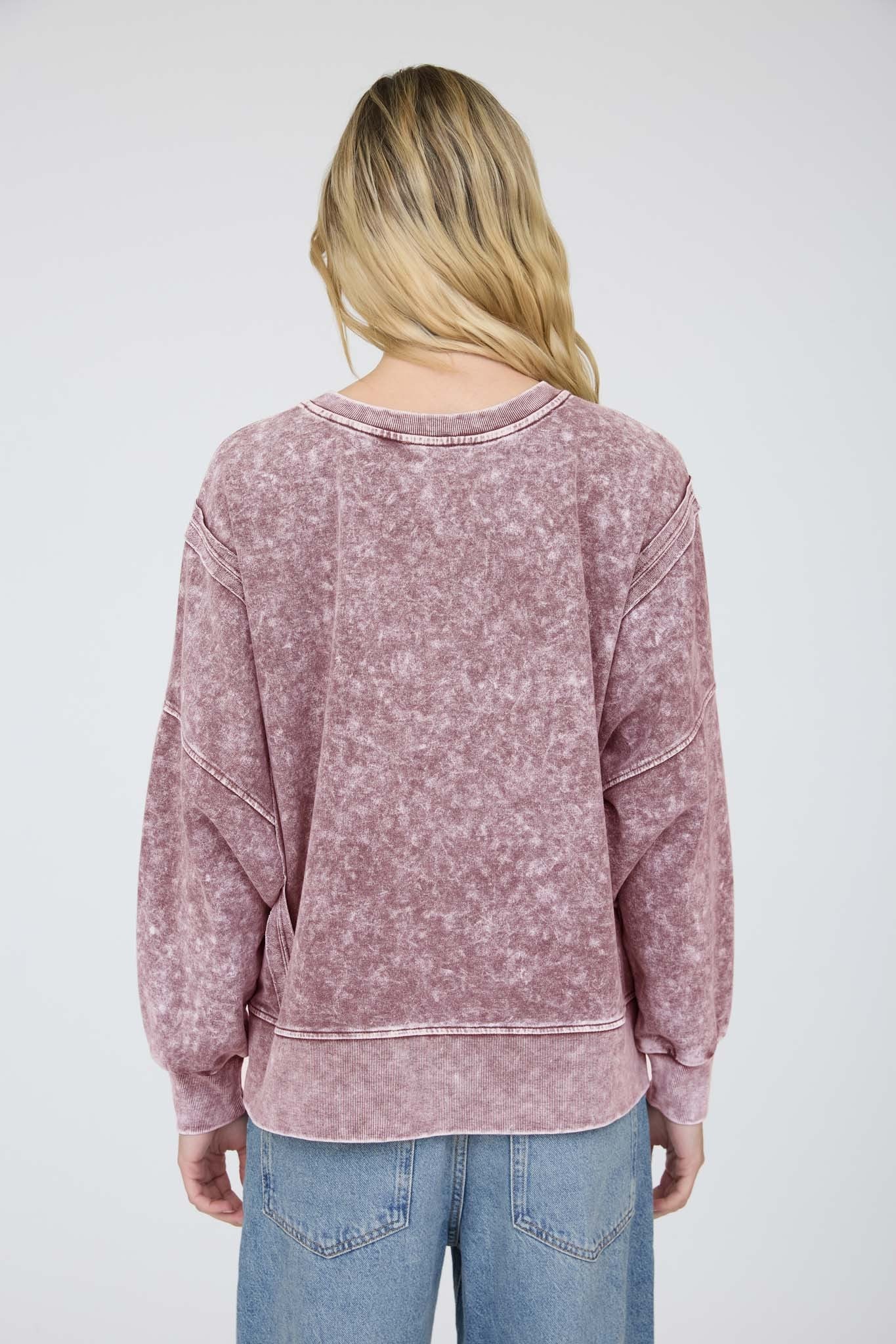 Acid Wash Long Sleeve Side Slit Knit Top - Maroon