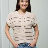 Multi-Stripe Short Sleeve Button Down Cardigan - Khaki