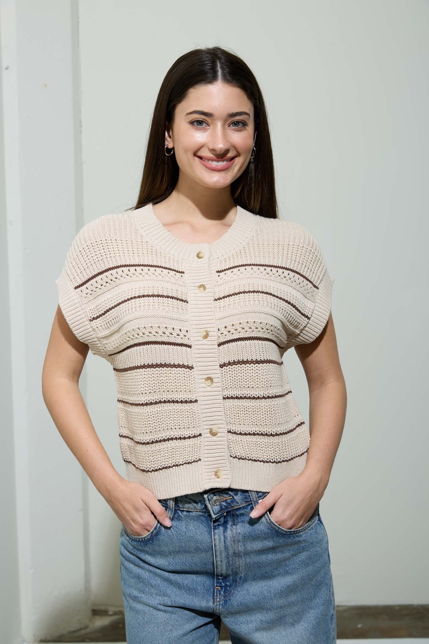 Multi-Stripe Short Sleeve Button Down Cardigan - Khaki