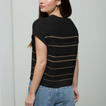 Multi-Stripe Short Sleeve Button Down Cardigan - Black