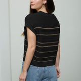 Multi-Stripe Short Sleeve Button Down Cardigan - Black