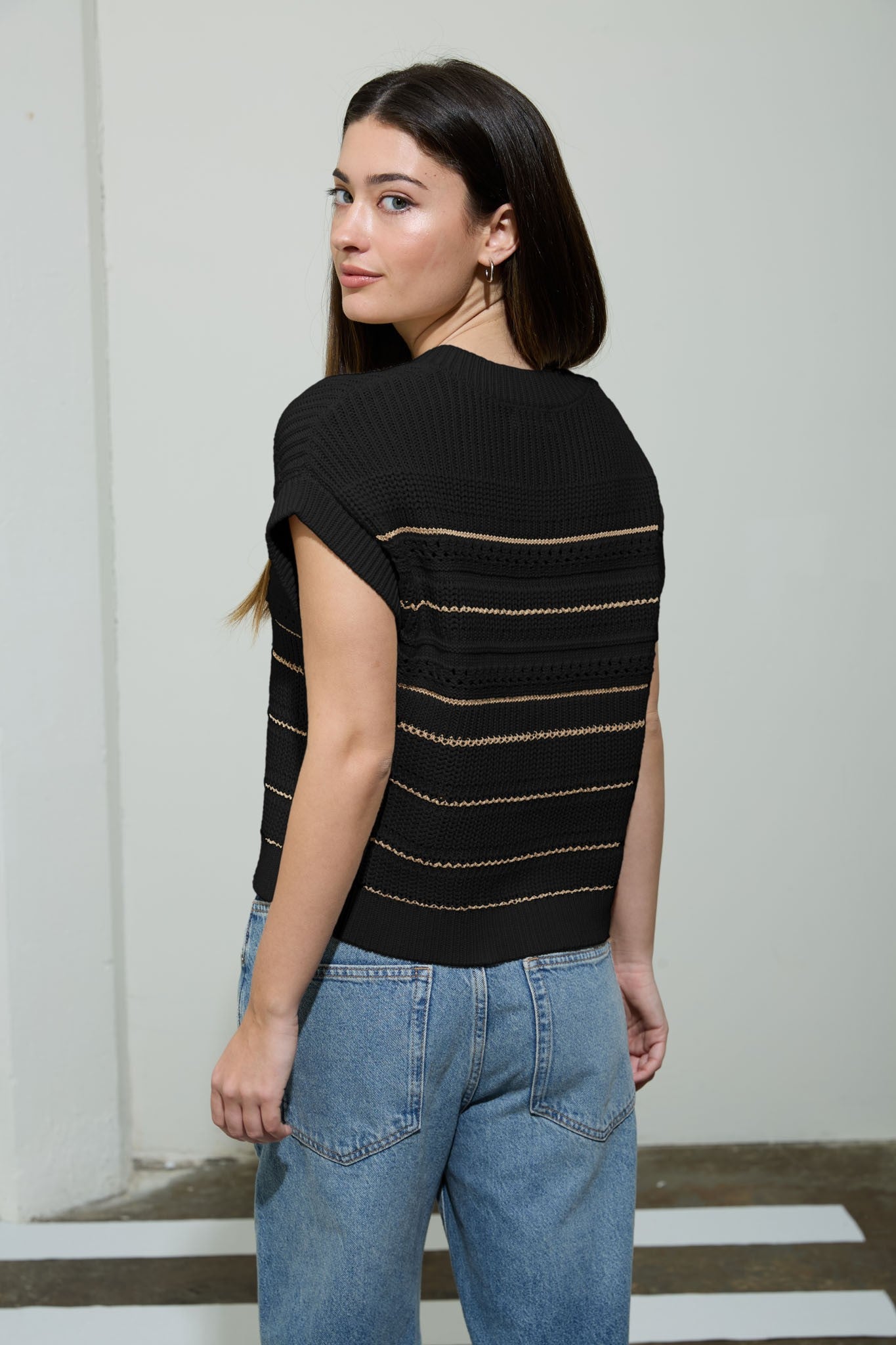 Multi-Stripe Short Sleeve Button Down Cardigan - Black