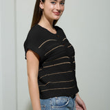 Multi-Stripe Short Sleeve Button Down Cardigan - Black