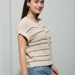 Multi-Stripe Short Sleeve Button Down Cardigan - Khaki