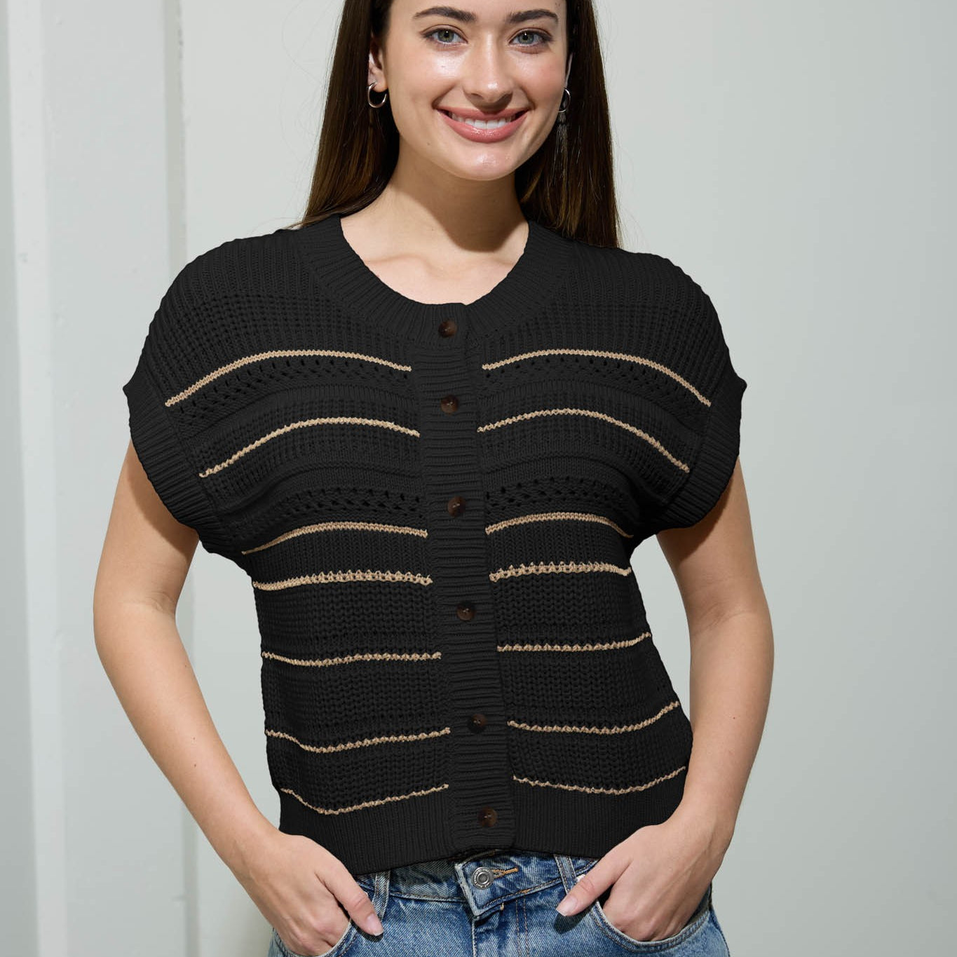 Multi-Stripe Short Sleeve Button Down Cardigan - Black