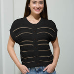 Multi-Stripe Short Sleeve Button Down Cardigan - Black