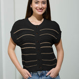 Multi-Stripe Short Sleeve Button Down Cardigan - Black