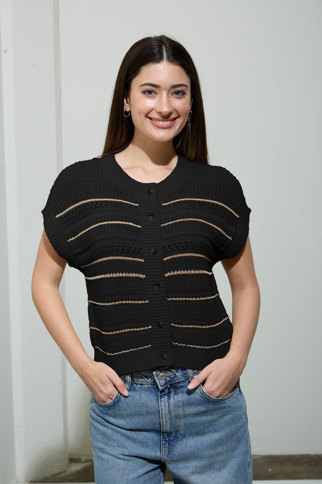 Multi-Stripe Short Sleeve Button Down Cardigan - Black