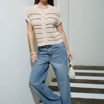 Multi-Stripe Short Sleeve Button Down Cardigan - Khaki