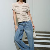 Multi-Stripe Short Sleeve Button Down Cardigan - Khaki