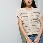 Multi-Stripe Short Sleeve Button Down Cardigan - Khaki
