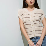 Multi-Stripe Short Sleeve Button Down Cardigan - Khaki