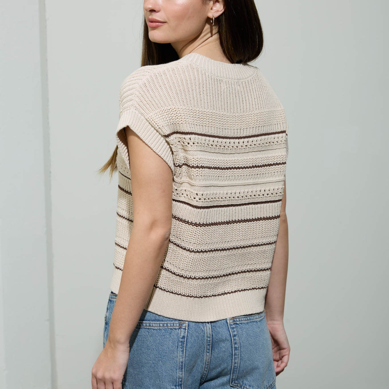 Multi-Stripe Short Sleeve Button Down Cardigan - Khaki