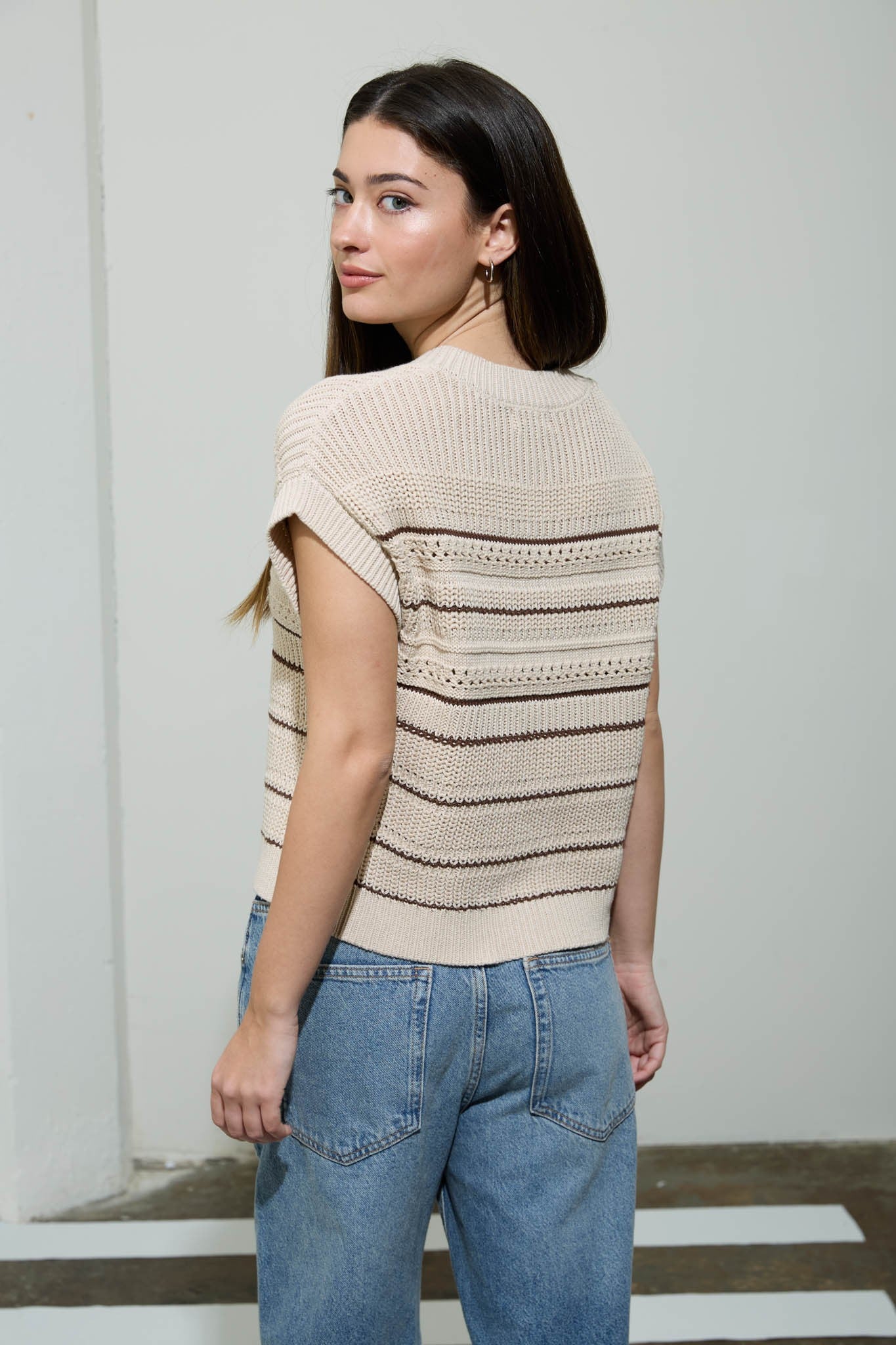 Multi-Stripe Short Sleeve Button Down Cardigan - Khaki
