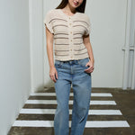 Multi-Stripe Short Sleeve Button Down Cardigan - Khaki
