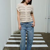 Multi-Stripe Short Sleeve Button Down Cardigan - Khaki