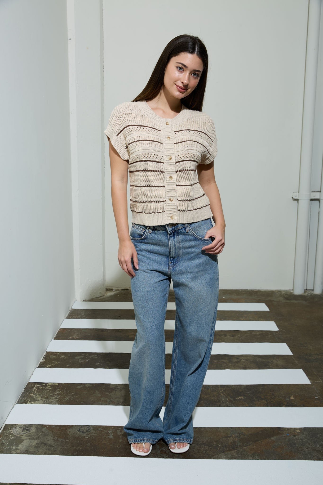 Multi-Stripe Short Sleeve Button Down Cardigan - Khaki