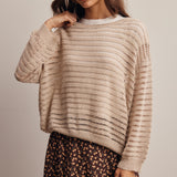 Women's Open-Knit Sweater Top – Striped Textured Knit, Stone