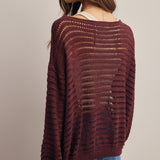 Women's Open-Knit Sweater Top – Striped Textured Knit, Burgundy