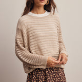 Women's Open-Knit Sweater Top – Striped Textured Knit, Stone
