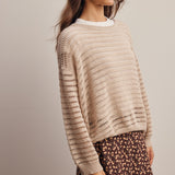 Women's Open-Knit Sweater Top – Striped Textured Knit, Stone