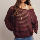 Women's Open-Knit Sweater Top – Striped Textured Knit, Burgundy