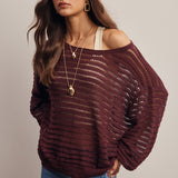 Women's Open-Knit Sweater Top – Striped Textured Knit, Burgundy