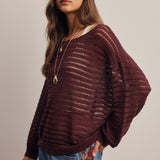 Women's Open-Knit Sweater Top – Striped Textured Knit, Burgundy