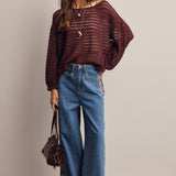Women's Open-Knit Sweater Top – Striped Textured Knit, Burgundy