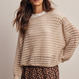 Women's Open-Knit Sweater Top – Striped Textured Knit, Stone
