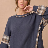 Oversized Thermal Knit Top with Plaid Flannel Contrast in Charcoal - front view