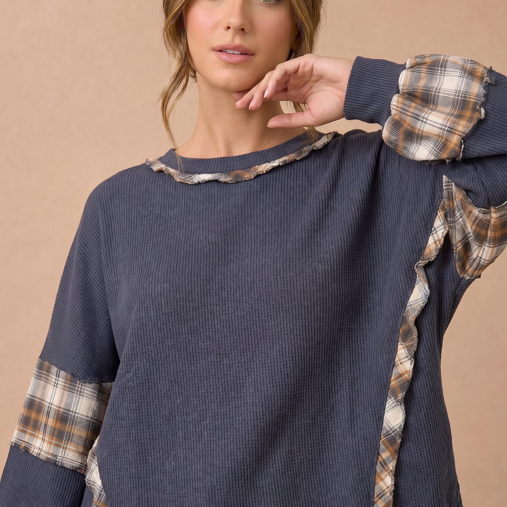 Oversized Thermal Knit Top with Plaid Flannel Contrast in Charcoal - front view