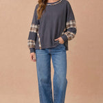 Oversized Thermal Knit Top with Plaid Flannel Contrast in Charcoal - full-length view