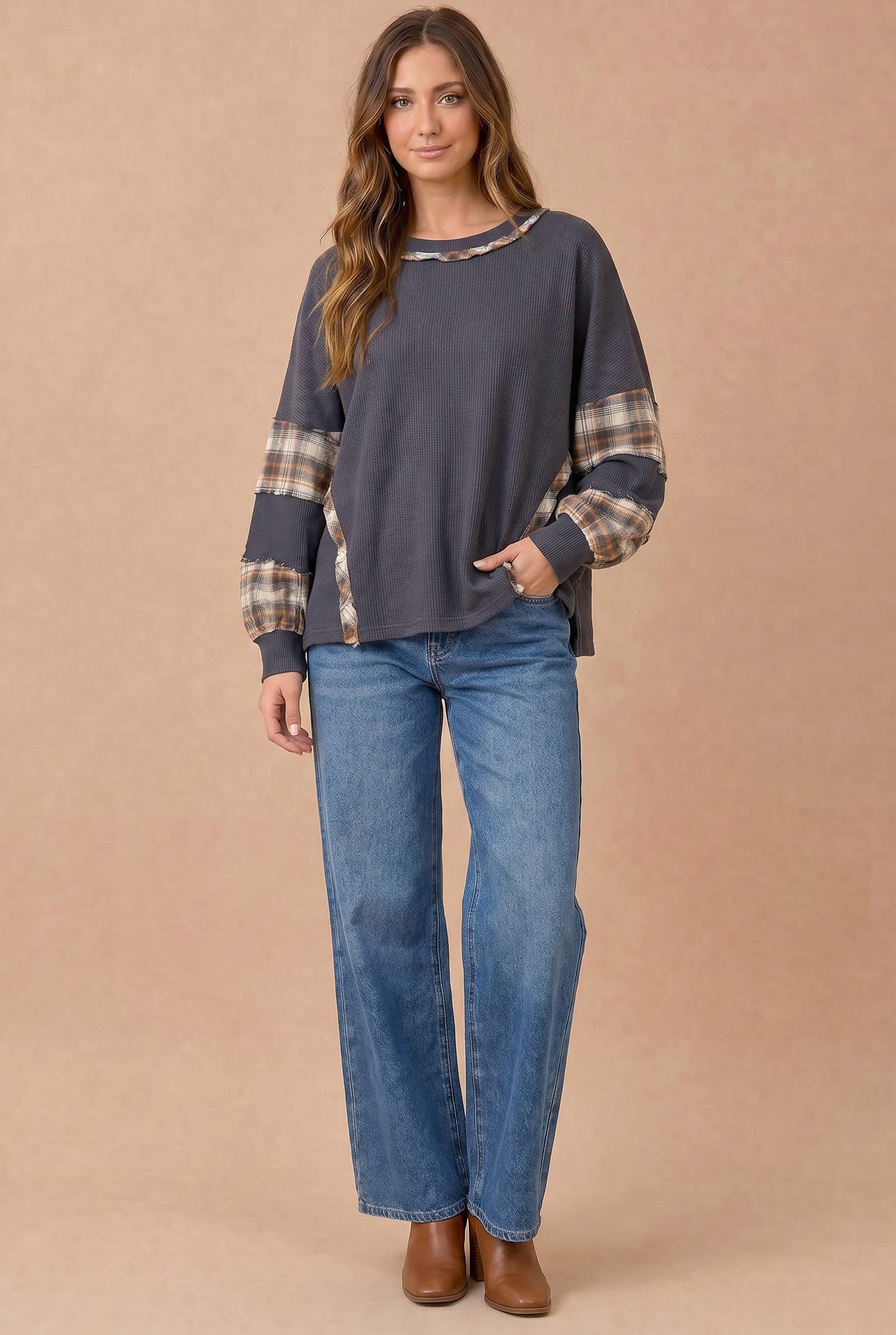Oversized Thermal Knit Top with Plaid Flannel Contrast in Charcoal - full-length view
