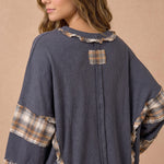 Oversized Thermal Knit Top with Plaid Flannel Contrast in Charcoal - back view