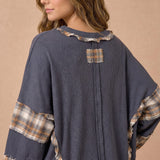 Oversized Thermal Knit Top with Plaid Flannel Contrast in Charcoal - back view