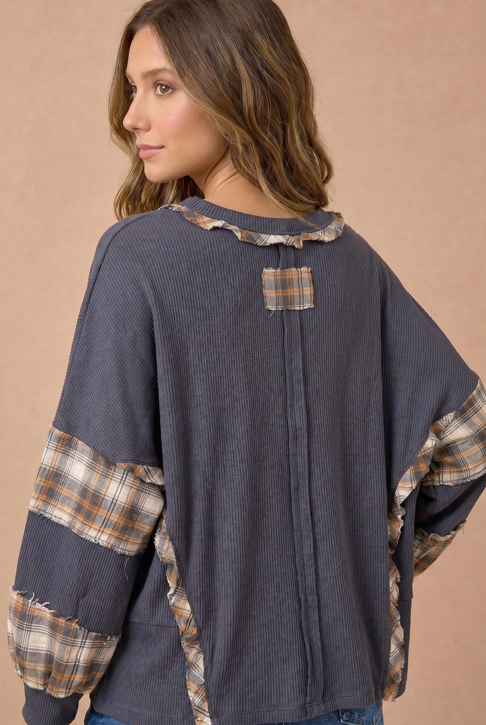 Oversized Thermal Knit Top with Plaid Flannel Contrast in Charcoal - back view