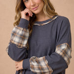 Oversized Thermal Knit Top with Plaid Flannel Contrast in Charcoal - close-up