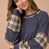 Oversized Thermal Knit Top with Plaid Flannel Contrast in Charcoal - plaid sleeve detail