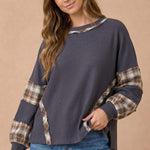 Oversized Thermal Knit Top with Plaid Flannel Contrast in Charcoal - three-quarter view