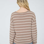 Stripe Textured Raw Edge Long Sleeve Knit Sweater - Mocha