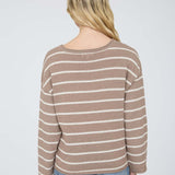 Stripe Textured Raw Edge Long Sleeve Knit Sweater - Mocha