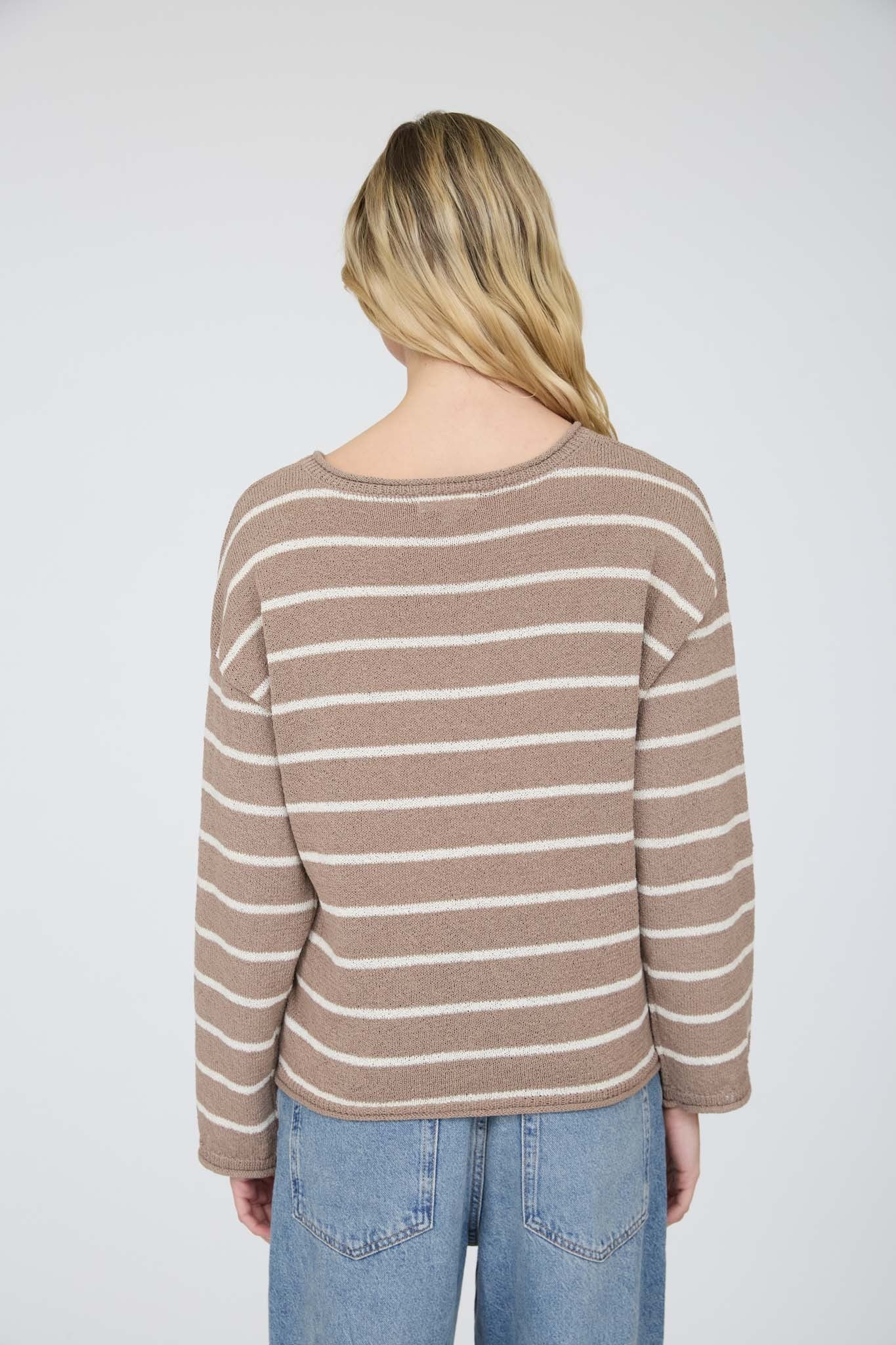 Stripe Textured Raw Edge Long Sleeve Knit Sweater - Mocha