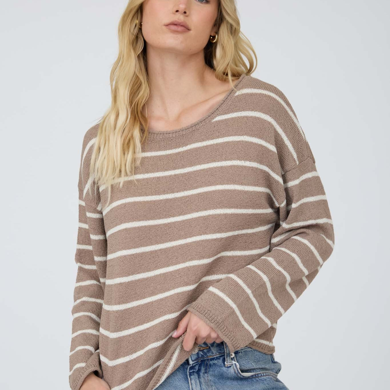 Stripe Textured Raw Edge Long Sleeve Knit Sweater - Mocha