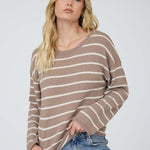 Stripe Textured Raw Edge Long Sleeve Knit Sweater - Mocha